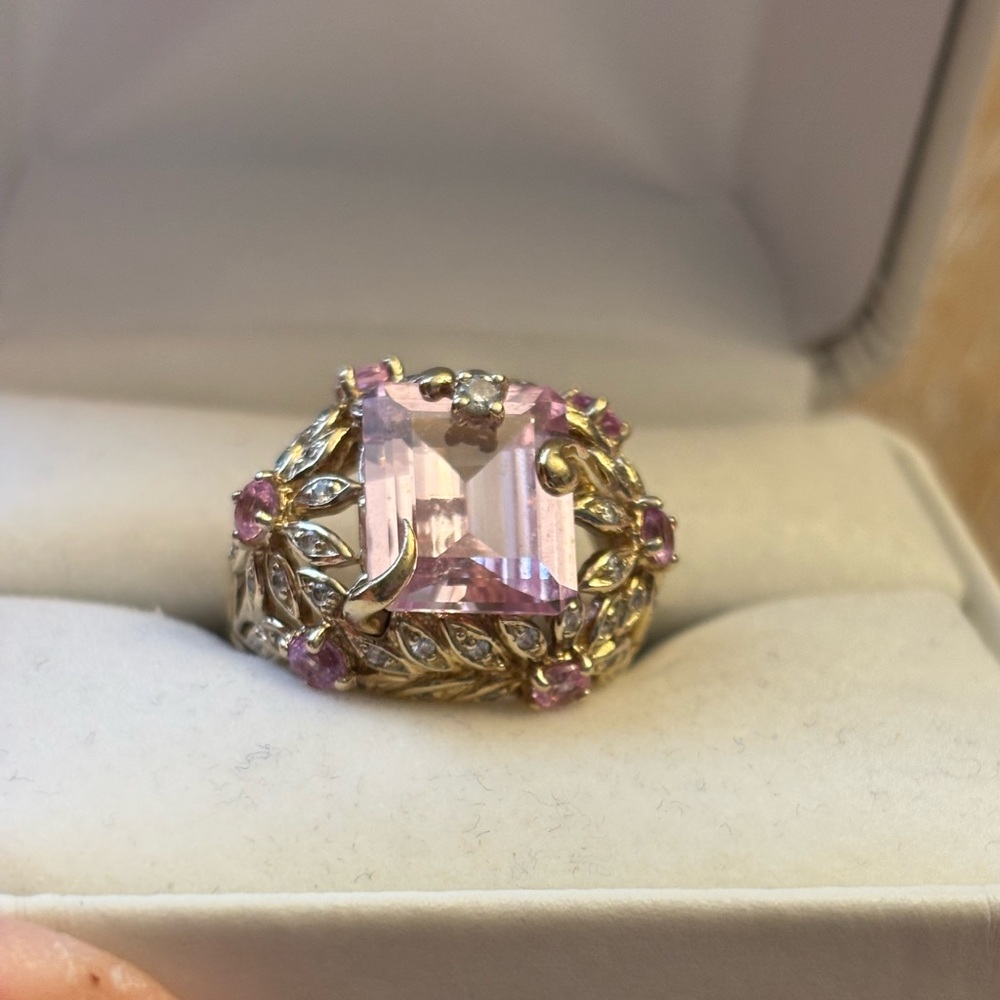 Emerald Cut Pink Sapphire with Elegant Flowers Ring Set 925 Thailand